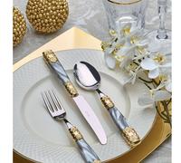 Servizio Posate QUEEN ORO ACCIAIO 24 pezzi -6 posti tavola manico Metacrilato effetto perlato ghiera in Metallo Dorato spessore 2,5 mm inox lucido