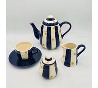 Servizio Tè e Caffè da 6, 1 Teiera, 1 Lattiera, 1 Zuccheriera, 6 Tazze da Tè con 6 Piattini. Servizio Tè, ceramica. (Righe Bianche Blu con Stelle Gialle) SUN YELLOW - 41/2000