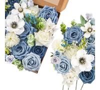 Serwalin Fiori artificiali per torta bouquet da sposa centrotavola per il giorno del Ringraziamento Peonia Rose Fiori di nozze Combo Fiori finti Boho per la (Blu Polveroso Bianco)