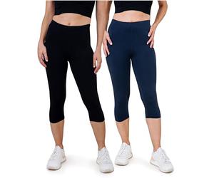 SES Leggings Capri da donna, confezione da 2 pezzi, taglie da 32 a 34 fino a 56 - 58, opachi, leggings da donna elasticizzati a 3/4, in cotone/da donna con vestibilità perfetta, nero/blu navy, 46-48