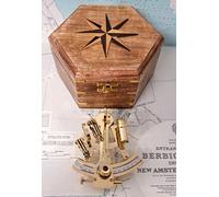 SESTANTE NAUTICO OTTONE + BOX LEGNO ESAGONALE ROSA dei VENTI RILIEVO IDEA REGALO