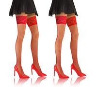 sesto senso 2 Paia Calze a Rete Autoreggenti Donna Sexy Lingerie 3XL-4XL Rosso