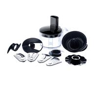 Set 10 accessori per Soup maker: recipiente con manico, set 4 lame per affettare, sminuzzare e grattugiare, sbattiuova, spremiagrumi, lama tritatutto, perno aggiuntivo, accessorio per impastare. - Evv