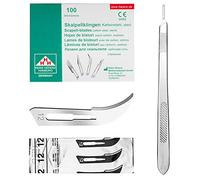 Set - 100 pezzi lama per scalpello 12 in acciaio al carbonio - Lame di ricambio confezionate singolarmente sterile + 1 x May - Supporto per scalpello 21 cm di lunghezza - Acciaio inossidabile