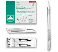 Set - 100 pezzi lama per scalpello figura 15 in acciaio al carbonio - Lame di ricambio confezionate singolarmente sterile + 1 x May - Supporto per scalpello 21 cm di lunghezza - Acciaio inossidabile