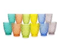 Set 12 Bicchieri in Vetro Colorati 27 esign Moderno con Decoro a Rilievo casa Ideali per Acqua bibite Bevande Tavola Allegra e Vivace Resistenti Ristorazione