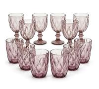 Set 12 Bicchieri Rosa Crystal Pink 6 Calici con Piede 26 cl e 6 Bicchieri 29 cl in Pasta di Vetro con Design Diamante per Acqua e Vino Ideale per Casa e Ristoranti ELEGANTI DI STILE