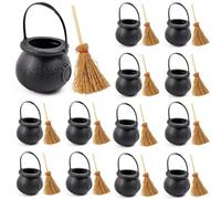 Set 12 Mini Calderoni Neri con 12 Scope Streghe per Forniture per Feste Hallowee