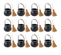 Set 12 Mini Calderoni Neri con 12 Scope Streghe per Forniture per Feste Hallowee