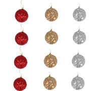 Set 12 Palle di Natale, in Plastica Tinsel STELLE Glitter Disponibile in 3 Colori da 8 cm, Palline Infrangibili Oro, Rosso e Argento in Foil per Addobbi Appendino Albero di Natale, Decorazioni Sfera N