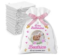 Set 12 sacchetti Juta bomboniere battesimo personalizzati con foto, nome e data. Sacchetti confetti battesimo bimbo. Grafica personalizzata a Fiori Rosa