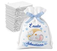 Set 12 sacchetti juta iuta bomboniere prima nascita personalizzati con nome e data. Sacchetti nascita confetti bimbo. Grafica elefantino