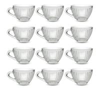 Set 12 Tazzine da Caffè in Vetro Trasparente 70 ml con Manico Design a Righe Verticali Senza Piattino Ideali per Espresso e Liquori Casa e Bar Professionali
