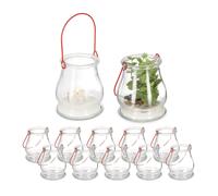 Relaxdays Vasetti Portacandele, Set da 12, Ampolle Vetro con Manico Interni e Esterni, HxD 10x8,5 cm, Trasparente Rosso, Ferro