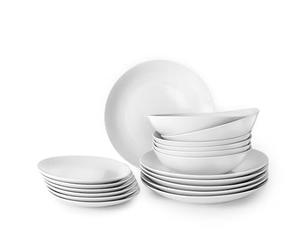 Set 18 pezzi Bologna bianco, materiale ceramico, adatto al microonde, include piatti e tazze. Progettato per l'uso quotidiano e occasioni speciali.