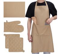 JEMIDI Set 1x Grembiule Cucina 2x Presine 1x Strofinaccio 1x Guanto - 100% Cotone Resistente - Idea Regalo Mamma Nonna - Certificazione CE per Protezione dal Calore - Beige