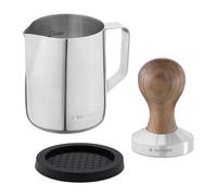 Navaris Set 1x Pressino caffè Macinato 1x Poggiapressa 1x Bricco Latte - Pressacaffè Coffee Tamper Acciaio Inox con Manico in Legno Noce e Tappetino