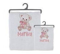 Set 2 Asciugamani Bagno Personalizzati 100% cotone Made in Italy Asciugamano Viso e Ospite Bianco Con Stampa Personalizzata Idea Regalo Bagno Doccia Biancheria Casa Bambina Bebè Orsetto Con Nome Rosa