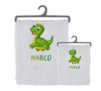 Set 2 Asciugamani Bagno Personalizzati 100% cotone Made in Italy Asciugamano Viso e Ospite Bianco Con Stampa Personalizzata Idea Regalo Bagno Doccia Biancheria Casa Bambino Bebè Dinosauro Con Nome