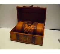 SET 2 BAULE BORSE LEGNO RIFINITE CUOIO METALLO DECORATE INTRECCI RUSTICO VINTAGE