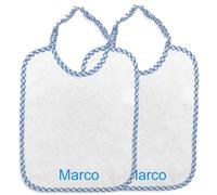 Set 2 bavaglie personalizzate con nome ricamato, Set due bavaglie asilo con nome, Bavaglini in spugna con elastico, Bavaglie asilo con ricamo, Spugna bianca, sbieco a quadretti (274 Azzurro)