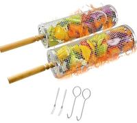 Set 2 Cestelli per Griglia Impilabile Rotanti, Acciaio Inossidabile 304, Manici in Legno Rimovibili, Ideali per Verdure, Gamberetti, Pesce e Carne, Antiruggine, Regalo Perfetto per BBQ