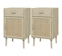 Set 2 Comodini per Camera da Letto con Cassetto e Anta 40x40x68,5 cm in Rattan Stile Boho Naturale