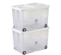 Set 2 Contenitore Multiuso 57 Litri con 4 Ruote Coperchio bianco Doppia Apertura Box Organizer casa con Tasca Antitarme H36 x L56 x P38 cm in Plastica BPA Free portaoggetti salvaspazio Made in Italy