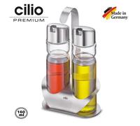 SET 2 CONTENITORI E DOSATORI X OLIO ACETO IN VETRO E ACCIAIO + SUPPORTO "CILIO