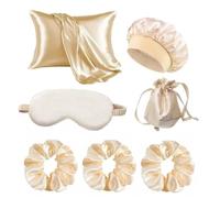 Set 2 Federe Raso 50 × 75 cm - Morbide e Setose, con 3 Elastici per Capelli, Maschera per Occhi e Cuffia Notte, Protezione Capelli e Pelle, Effetto Antirughe Champagne