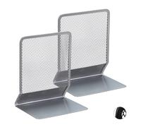 Relaxdays Set da 2 Fermalibri per Mensole, Supporti Libri, Reggilibri a Rete in Acciaio, HLP 16,5x13,5x10,5 cm, Argento