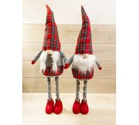 Set 2 Gnomi Allungabili In Tessuto Natalizio 95cm Scozzese Gambe Estensibili
