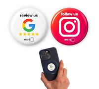 Set 2 in 1: 1x “Review us” per recensioni Google + 1x “Follow us” Instagram - NFC programmabile, 3M, riutilizzabile - 3 cm