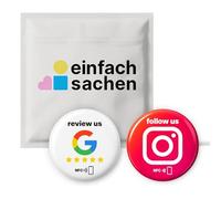 Set 2 in 1: 1x “Review us” per recensioni Google + 1x “Follow us” Instagram - NFC programmabile, 3M, riutilizzabile - 3 cm