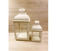 Set 2 Lanterne In Metallo Shabby Chic Bianco Caldo 16x16x24cm/ 24,5x24,5x53cm