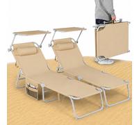 Set 2 Lettini Pieghevoli da Spiaggia Esterno Ecru Sdraio da Mare con Parasole
