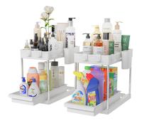 BAKAJI Set 2 Organizer Sottolavello per Bagno e Cucina con Cassetto Scorrevole, Scaffale Cestello Scorrimento Salvaspazio 2 Ripiani, Scaffalatura Sotto Lavello Portaoggetti Ripiano Estraibile (Bianco)