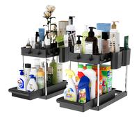 BAKAJI Set 2 Organizer Sottolavello per Bagno e Cucina con Cassetto Scorrevole, Scaffale Cestello Scorrimento Salvaspazio 2 Ripiani, Scaffalatura Sotto Lavello Portaoggetti Ripiano Estraibile (Nero)