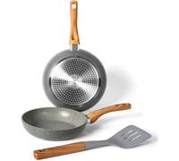 Set 2 Padelle Antiaderente con Spatola Impugnature in Legno per Tutti i Fornelli