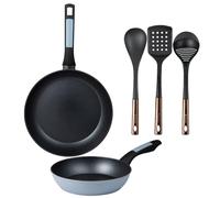 Set 2 padelle San Ignacio Ø20 e Ø26 cm + set 3 utensili da cucina PBT nero e rame