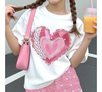 Set 2 pezzi casual carino e dolce per ragazze pre-adolescenti con stampa a cuore di perle testurizzata, patchwork, maniche corte e pantaloncini, adatto per l'estate, grafico, confortevole, set di abbi