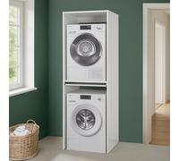 Set 2 Pezzi Colonna Lavasciuga (Lavatrice + Asciugatrice) Linea Pilar Mobile Sovrapponibile 70 Cm In Legno Bianco Con Ripiano Scorrevole Salvaspazio