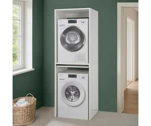 Set 2 Pezzi Colonna Lavasciuga (Lavatrice + Asciugatrice) Linea Pilar Mobile Sovrapponibile 70 Cm In Legno Bianco Con Ripiano Scorrevole Salvaspazio