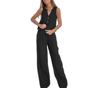 Set 2 pezzi da donna con scollo a V, gilet senza maniche, pantaloni a gamba larga, blazer estivo coordinato in lino, Nero , S
