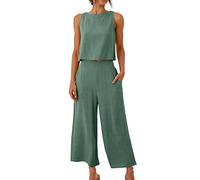 Set 2 pezzi da donna Outfit estivo casual in cotone e lino, Canotta senza maniche con bottoni sul retro e tasche, Gilet corto con pantaloni capri, Articoli in liquidazione dei miei ordini, Verde, XL