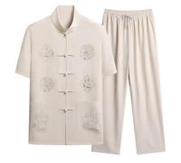 Set 2 pezzi da uomo con ricamo cinese a maniche corte larghe, Beige, L