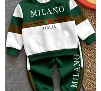 Set 2 pezzi di felpa e pantaloni sportivi casual comodi a maniche lunghe con vestibilità ampia per ragazzi, stampa classica con motivo testo City Milan 6Y,7Y,4Y,5YGraficoTessuto in maglia