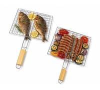 Set 2 Pezzi Grillgitter 23x21 cm Grillrost Metall Manico In Legno BBQ