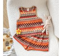 Set 2 pezzi per bambina, canotta e pantaloncini estivi morbidi e confortevoli, a righe colorate e fiori piccoli, in maglia all'uncinetto, arancione, per bambine e bimbe piccole 6-9M,9-12M,12-18M,18-24