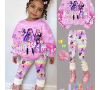 Set 2 pezzi per ragazza con felpa girocollo a maniche lunghe e leggings, stile casual, stampa cartoni animati Girl Group con gradiente colorato dopamina e cielo stellato, K-Pop Superstars, Chill Chill